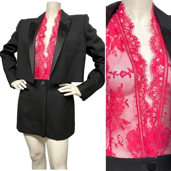 ALEXANDER McQUEEN Trompe L'Oeil Wool Silk Tuxedo Jacket Pink Lace Top S M 6 8 - Picture 2 of 16
